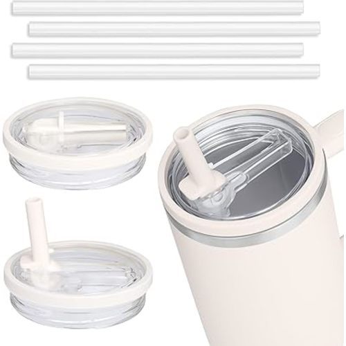 2 Pack 40 oz Tumbler Flip Straw Leak Proof Lid Replacement Fit for Stanley Quencher,40 oz Tumbler Lid Replacement for Stanley Cup,No Spill Proof Straw Cover for Stanley Accessories (Cream White)