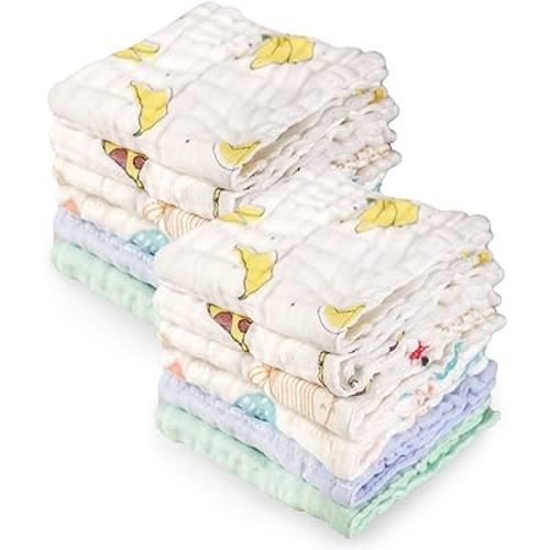 Viviland Baby Washcloths Wash Cloths for Babies,Muslin Washcloths Baby,12-Pack,12 X 12 inches Absorbent and Soft Newborn Essentials Must Haves - Giraffe & Fruit