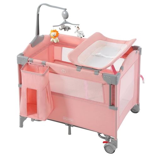 HARPPA Pack and Play 5 in 1, Portable Baby Playard for Travel, Baby Bassinet Bedside Sleeper with Mattress, Rolling Bassinet for Infant, Pack n Play with Changing Table, Bed Crib(Pink)