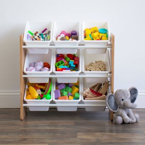 Kids' Journey Toy Storage Organizer with 9 Plastic Storage Bins Natural Wood/White - Humble Crew: MDF Frame, 3 Shelves