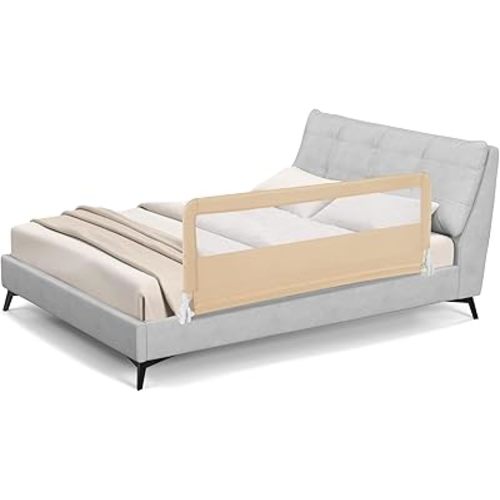 BABY JOY Bed Rails for Toddlers, 59'' Extra Long, Swing Down Bed Guard w/Safety Strap, Folding Baby Bedrail for Kids Twin, Double, Full Size Queen & King Mattress (59-Inch, Beige)