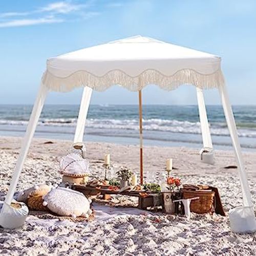 AMMSUN Beach Cabana with Fringe, 6'×6' Boho Beach Canopy with Tassels, Easy Set up & Premium Wood Pole, Cool Cabana with Sand Pockets, Instant Sun Shelter for Beach Patio Garden Outdoor, Elegant White