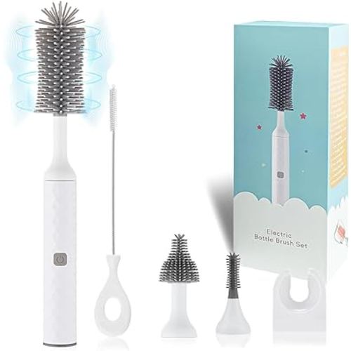 Electric Bottle Brush, 4 Piece Bottle Brush Set with Baby Bottle Brush Cleaner, Nipple Brush, Pacifier Cleaner, Straw Cleaner Brush, Gifts for Newborns and Mothers, White
