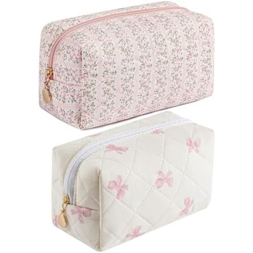 JOVAKIT Square Makeup Bag Cute Cosmetic Bag for Women, Floral Coquette Aesthetic Toiletry Bag, Zipper Make Up Pouch, Travel Make Up Organizer Bag (Pink Floral+Pink Bow Tie)