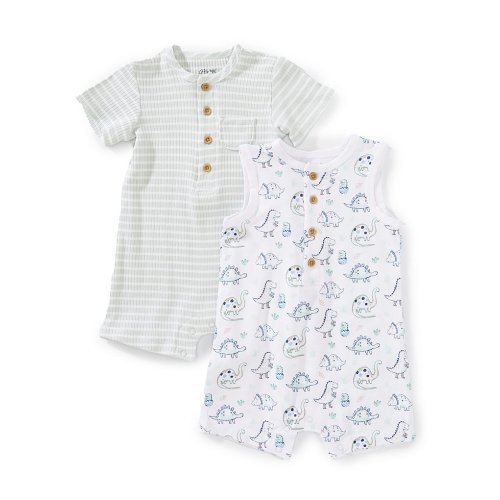 Little Me Baby Boys 3 Months Sleeveless Dinosaur-Printed Shortall & Short-Sleeve Striped Shortall Set