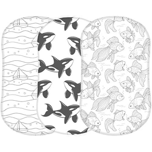 TansyPanda Halo Bassinet Sheets for BassiNest Luxe Swivel, Soothing, Swivel, Lite, Essential Sleeper, 3 Pack, 33 X 17 Inch, Ultra Soft, Snug Fit, Unisex Boys Girls, Gray White (Ocean Fish)