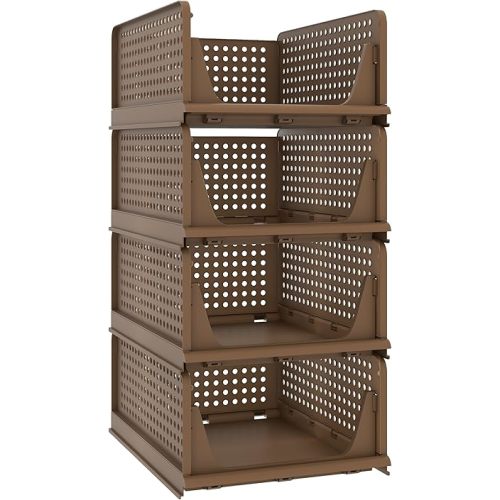 Pinkpum Stackable Plastic Storage Basket, Foldable Closet Organizers and Storage Bins 4 Pack Drawer Shelf Storage Container for Wardrobe Kitchen Bathroom Office Dorm Toffee