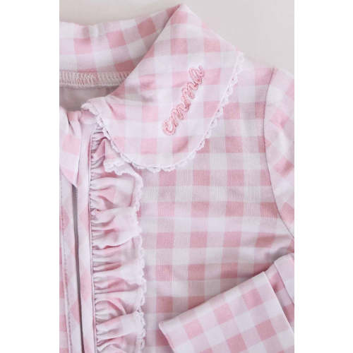 Peter Pan Collar Ruffle Zipper Footie | Rosy Gingham