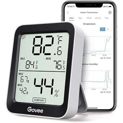Govee Bluetooth Hygrometer Thermometer,Room Temperature Humidity Meter with APP Alerts and Data Storage, Humidity Monitor Indoor with Large LCD Display, Humidity Sensor for Baby Greenhouse Garage