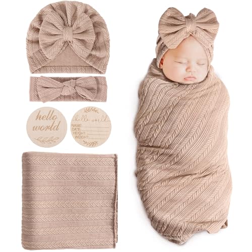 BQUBO Baby Swaddle Blankets for Girls, 4PCS Newborn Accessories Set with Matching Hat and Bow Headband with Hello World Wooden Birth Announcement Card