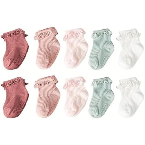 5 Pairs Toddler Anti Slip Non Skid Socks Baby Little Girls Lace Flower Stripe Crew Socks