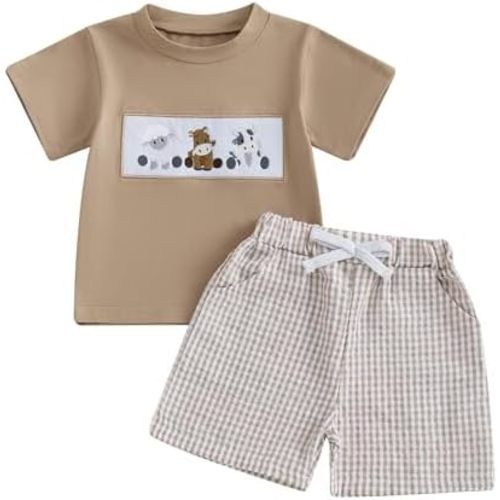 Toddler Baby Boy Farm Clothes Western Farm Chicken/Tractor Embroidery Shirt Gingham Short Farm Animal Stuff Outfit