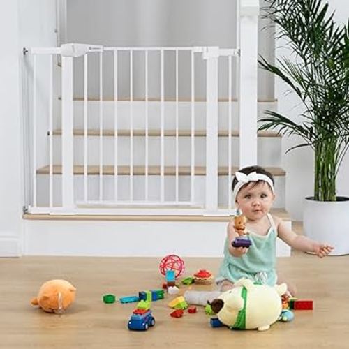 COMOMY 30" Tall Baby Gate for Stairs Doorways, Fits Openings 29.5" to 40.5" Wide, Auto Close Extra Wide Dog Gate for House, Pressure Mounted Easy Walk Through Pet Gate with Door, White
