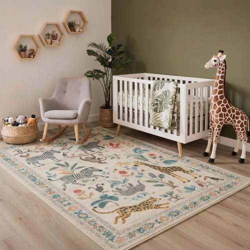 Wilden Washable Jungle Woodland Animals Beige Rug