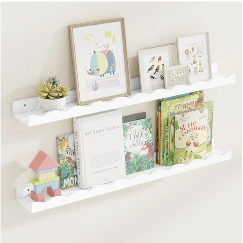 Fun Memories Picture Ledge Shelf for Wall, 36 inch Pine Wood Nursery Book Shelves Set of 2- Wall Book Shelves for Kids Room, Home Decor - Kitchen Spice-Carbonized