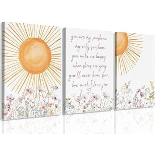 3Pcs Wildflower Nursery Canvas Wall Art Pieces You Are My Sunshine Quote Posters Prints Boho Sun Paintings for Neutral Nursery Girls Room Decor12x16in Frame