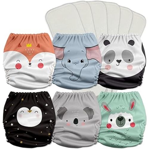 Mama Koala 3.0 Cloth Diapers for Babies with AWJ Lining, 6 Pack with 6 5-Layer Natural Cloth Diaper Inserts - Reusable and Washable Pocket Diapers(A-Love Animals)