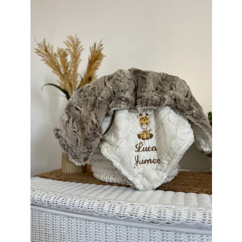 Personalized Baby Blanket, Embroidered Giraffe Blanket, Natural Rabbit Newborn Boy gift, Baby Shower Gift, Cute Safari Blanket