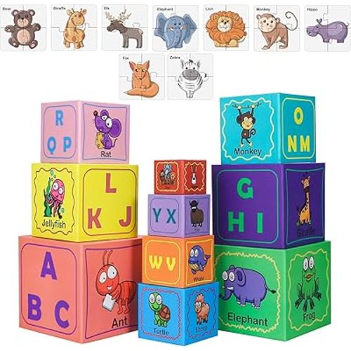 Nesting and Stacking Blocks Stacking Toys for Toddlers Plus Animal Puzzle Toys Set Alphabet ABC Blocks Sorting & Stacking Educational Toys Montessori Toys Stackable Toys for Toddlers Ages 1-3