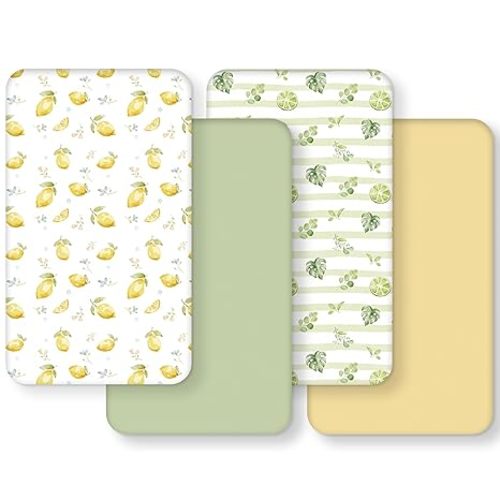 Baby Crib Sheets for Boys and Girls, Toddler Bed Sheets Fitted for 52”x28”Standard Crib and Toddler Mattresses, 4 Pack Soft Stretchy Microfiber Yellow Green Lemon