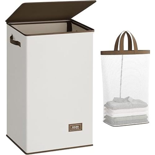 SOLEDI Laundry Hamper with Lid 90L Large & Tall Collapsible Laundry Basket, Clothes Hamper with Bag Removable Easy to Carry, Dirty Hampers for Bedroom, Bathroom, Dorm, College, Beige