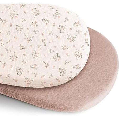 Konssy 2 Pack Muslin Bassinet Sheets for Baby Boy, 100% Cotton Soft Breathable Bassinet Mattress Sheets Fit for Hourglass Oval Cradle Rectangle Mattress (Soft Blooms,Taupe)