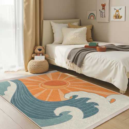 Sunshine Wave Design Kids Room Rug-Orange Sunburst Ocean Nursery Carpet-Aqua Waves Toodler Mat-Beach Theme Playmat-Anti Slip Child Room Rug