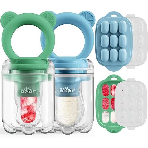 Bear Baby Fruit Food Feeder & Mini Freezer Nibble Tray Combo, 2 Pack Breastmilk Popsicle Molds for Baby Teething Relief, BPA Free Silicone Feeder for Safe Infant Self Feeding, Dishwasher Safe, Green