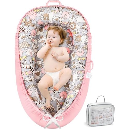 Baby Lounger - Infant Lounger for Newborn 0-24 Months, Pure Cotton Breathable Baby Nest Cover, Newborn Essentials for Baby Boys&Girls, Portable Baby Bed for Home and Travel(Zoo)