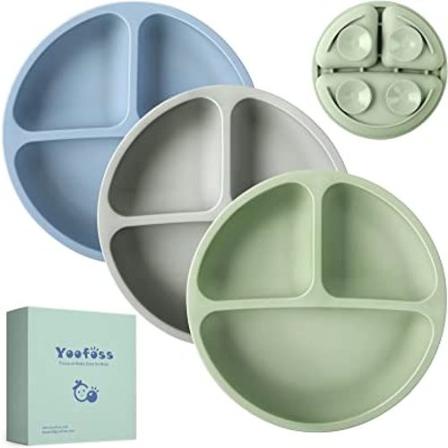 Yoofoss Toddler Plates 3 Pack - Suction Plates for Baby - 100% Silicone Baby Plates - BPA Free - Microwave and Dishwasher Safe - Divided Design