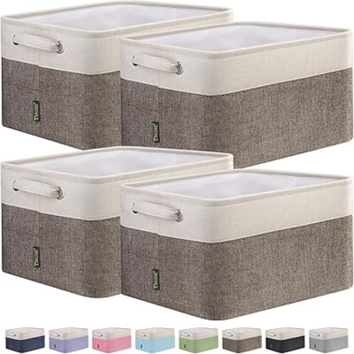 BALEINE 4 Pack Fabric Storage Bins for Shelves, Linen Storage Baskets for Organizing, Decorative Closet Bins for Clothes, Home (Brown, 12"x8"x8")