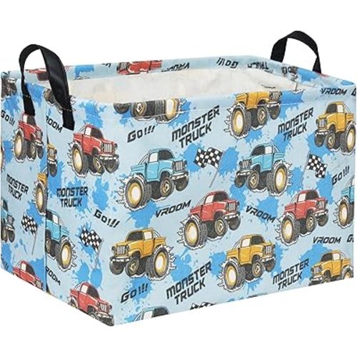 HIYAGON Rectangular Monster Truck Basket for Kids Basket Empty Baby Basket for Boys and Girls Cute Toy Storage Organizer Bin Box Monster Truck Room Decor(Monster Truck)