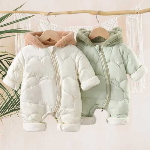 Winter Baby Clothing, Newborn Thickened Jumpsuit, Baby Fur Lining Hooded Romper, Baby Boys Girls Warm Fleece Quilted Outwear