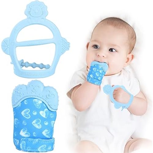 Vicloon Silicone Teething Mitt, 2Pcs Baby Teething Mitten with Adjustable Strap, Crinkle Sound and Textured, Self Soothing Baby Chew Toys for 0-6month Infants