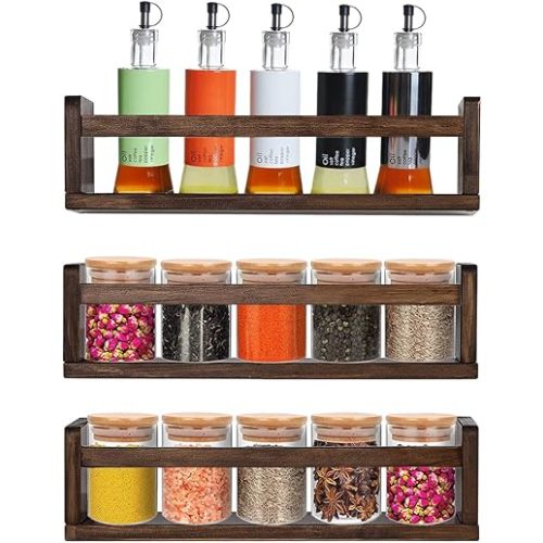 AZSKY Nursery Room Bookshelf and Shelves - Toddler Book Shelves (Set of 3), Deep Walnut Wood Wall Storage for Room Decor, Spice Rack Organizer for Kitchen