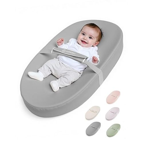 COMOMY Baby Changing Pad with Wipeable & Waterproof PU Cover, Contoured Diaper Changing Pad for Dresser with Non-Slip Safety Belt, Portable and Lightweight, Large Cushioned Foam, Gray