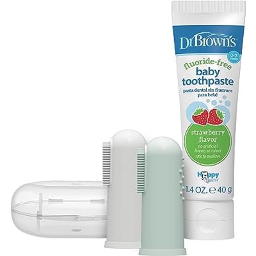 Dr. Brown's 100% Silicone Baby Finger Toothbrush and Toothpaste Set, 2-Pack Toothbrush with Storage Case, Fluoride-Free Strawberry Toddler Toothpaste, Gray & Light-Green