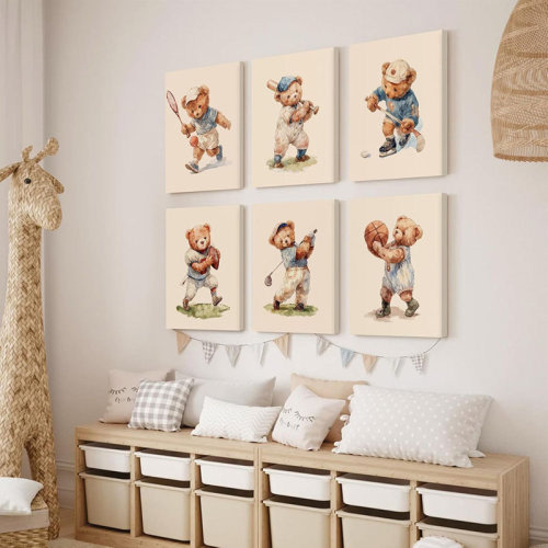 Ophelia & Co. Nursery Bear Wall Art Boy Sports Canvas Wall Decor Baby Nursery Prints Vintage Teddy Bear Poster Boy Room Wall Art Kids Animal Pictures Painting For Bedroom Playroom 8X10x6 Inch Ready To Hang | Wayfair
