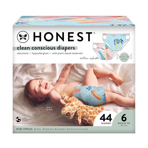 The Honest Company Clean Conscious Diapers | Plant-Based, Sustainable | Summer '23 Limited Edition Prints | Club Box, Size 6 (35+ lbs), 44 Count