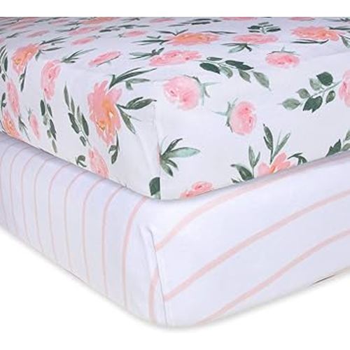 Burts Bees Baby Fitted Crib Sheet Organic Cotton BEESNUG - Autumn Bloom and Stripe Prints, Fits Unisex Standard Bed and Toddler Mattress, Infant Essentials, 28 x 52 x 5.5 Inch 2-Packs