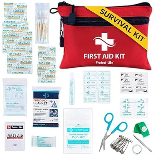 Protect Life Survival First Aid Kit for Home/Business, Camping Survival Kits | Mini Travel First Aid Kit | Camping Equipment | Small Kits for Car | Outdoor Emergency Survivals Pack - 100pcs