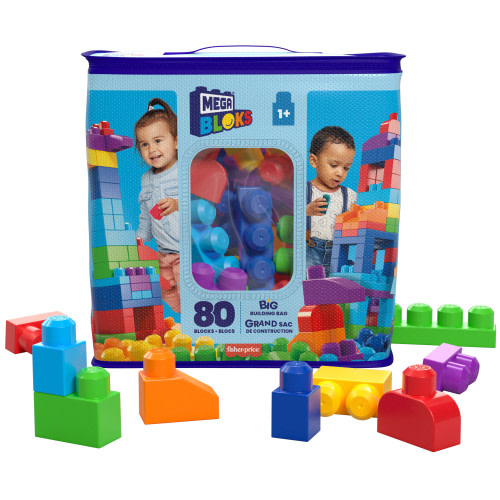 MEGA BLOKS Fisher-Price Large Toy Blocks for Baby Kid, Blue Building Bag with Storage (80 Pieces)