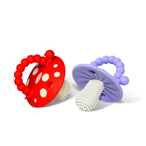 RaZbaby Soft Silicone Infant & Baby 3M+ Teether Toy Massaging Bristles Teething Relief Pacifier - Soothes Sore Gums - Hands-Free & Easy-to-Hold Chompy Teether, BPA Free (RED/Lavender)