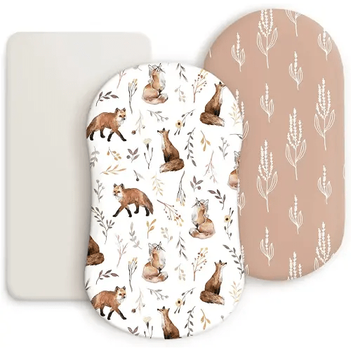GRSSDER Stretchy Ultra Soft Fitted Bassinet Sheet Set 3 Pack, Universal Fit for Bassinets Baby Cradle Moses Basket Oval Rectangle Mattress, Pretty Fox for Baby Girls