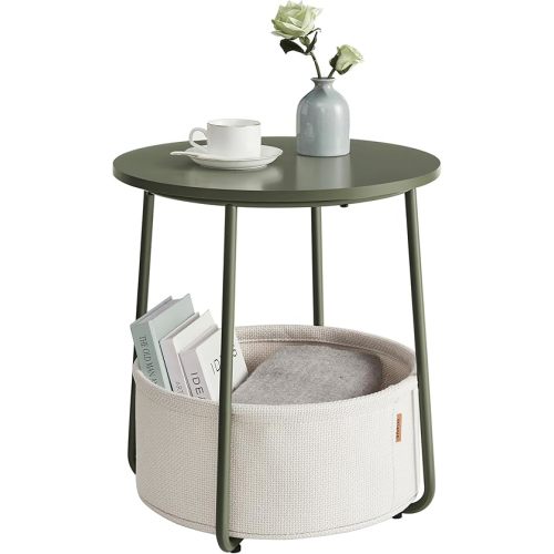 VASAGLE End Table, Small Bedside Table with Fabric Basket, Modern Nightstand, Round Side Table, for Living Room, Bedroom, Forest Green and Cream White ULET223C80