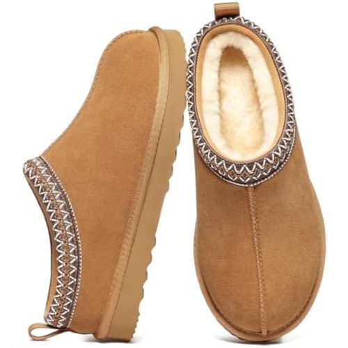 Litfun Women's Genuine Suede Fur Lined Slippers Fuzzy Winter House Shoes