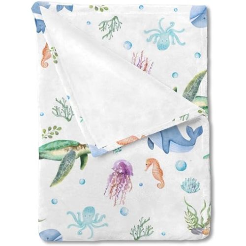 Cute Sea Animals Baby Blanket for Boy Girl Ocean Turtle Whale Jellyfish Sea Horse Weeds Flannel Soft Swaddle Blanket Marine Animal Receiving Blanket Newborn Toddler Nursery Crib Bed Blankets 50x60