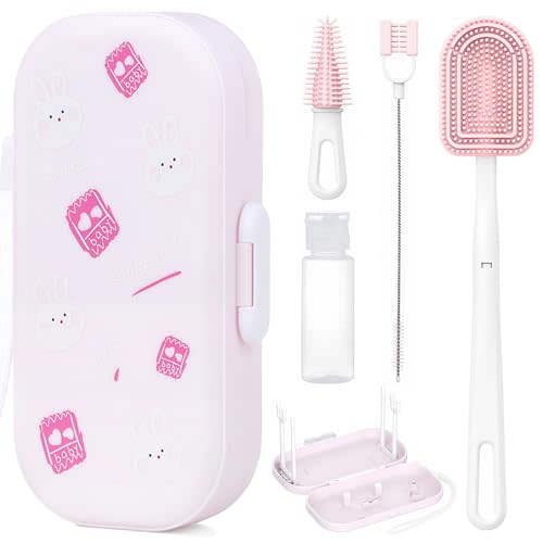 6-in-1 Travel Baby Bottle Brush Cleaning Kit, Travel Bottle Cleaner Kit with Silicone Bottle Brush, Nipple Brush, Straw Brush, Drying Rack, Dispenser, Organizer, Baby Travel Essential - Pink