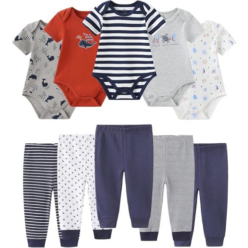 Ruliby Baby Bodysuit and Pant Set 10-pcs Cotton Soft Newborn Boy Girl Clothes Outfits