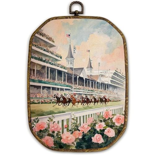 Yjeslw Vintage Horse Racing Octagon Wall Art Decor, Rustic Farmhouse Framed Canvas Prints, Equestrian Horse Racing Flower Wall Hanging Decorations for Home Bedroom Living Room Decor, 10.2x7 Inches